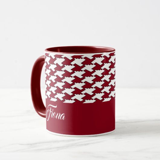 Rood en wit houndstooth patroon monogram mok (Voorkant links)