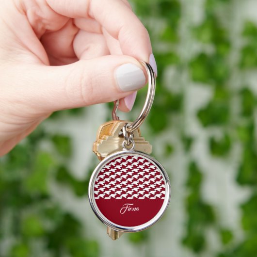 Rood en wit houndstooth patroon monogram sleutelhanger (Hand)