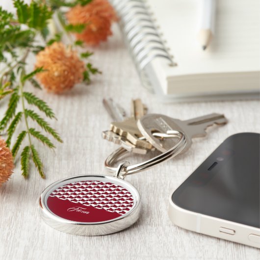 Rood en wit houndstooth patroon monogram sleutelhanger (Zijkant)