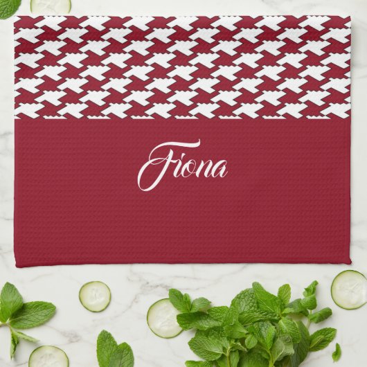Rood en wit houndstooth patroon monogram theedoek (Gevouwen)