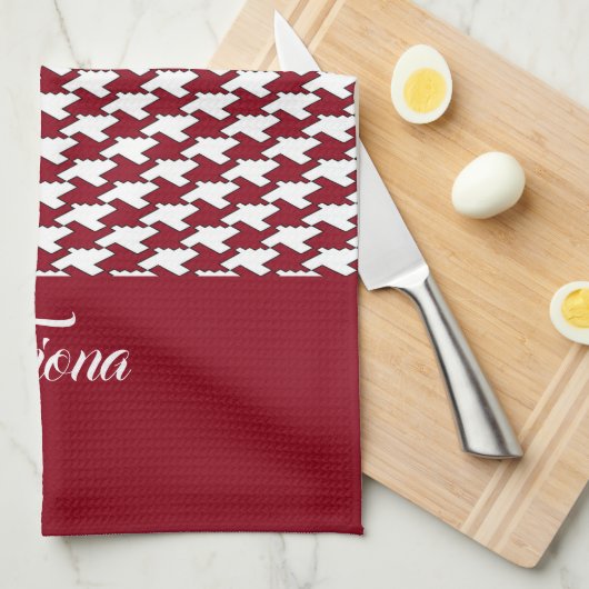 Rood en wit houndstooth patroon monogram theedoek (Quarter Fold)