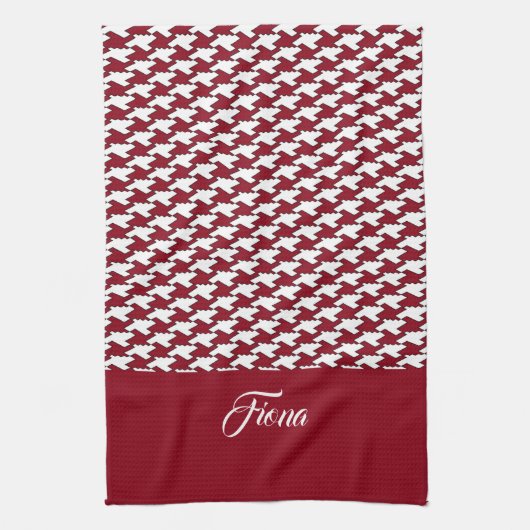 Rood en wit houndstooth patroon monogram theedoek (Verticaal)