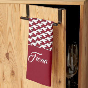 Rood en wit houndstooth patroon monogram theedoek