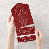 Rood en wit kalligrafie script bruiloft all in one uitnodiging (Afscheurbaar)