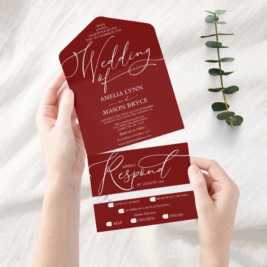 Rood en wit kalligrafie script bruiloft all in one uitnodiging
