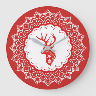 Rood en wit kerstfeest Deer White Mandala Lijst Grote Klok