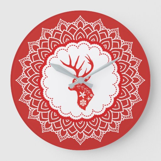 Rood en wit kerstfeest Deer White Mandala Lijst Grote Klok (Voorkant)