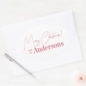Rood en Wit Kerstfeest van Achternaam Ovale Sticker (Envelop)