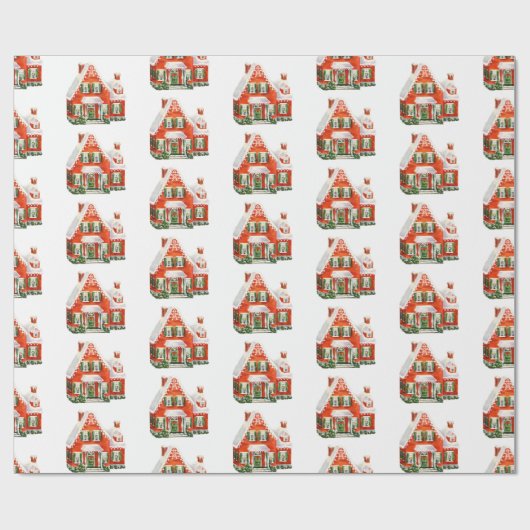  rood en wit kersthuis cadeaupapier (Vlak)