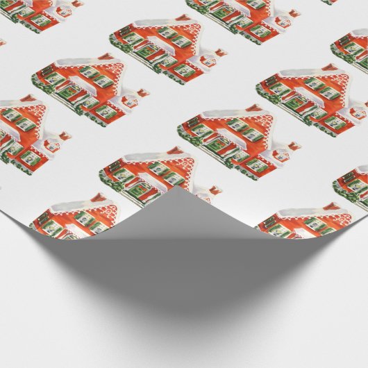  rood en wit kersthuis cadeaupapier (Hoek)