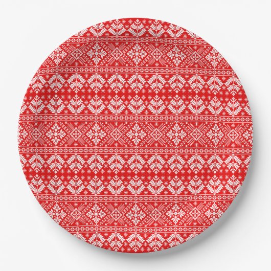 Rood en Wit Kerstmis Fair Isle Patroon Papieren Bordje (Voorkant)