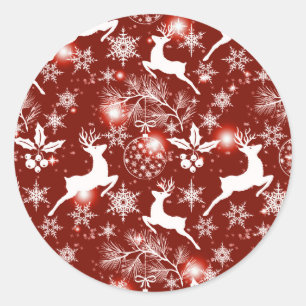 Rood en wit kerstpatroon met rendieren ronde sticker