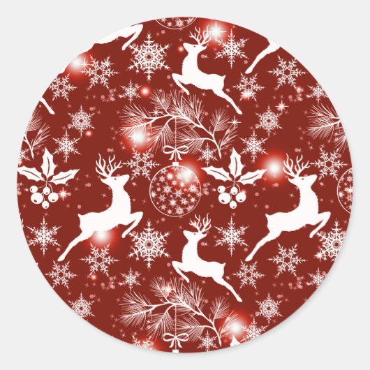 Rood en wit kerstpatroon met rendieren ronde sticker (Voorkant)