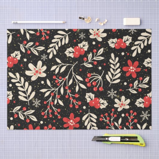 Rood en wit kerstpatroon op zwart tissuepapier (Craft)