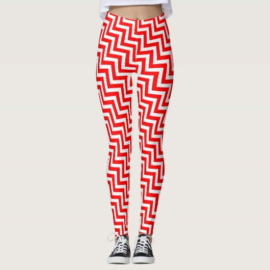 Rood en Wit Klein Grootte Diagonale Chevron Leggings (Voorkant)