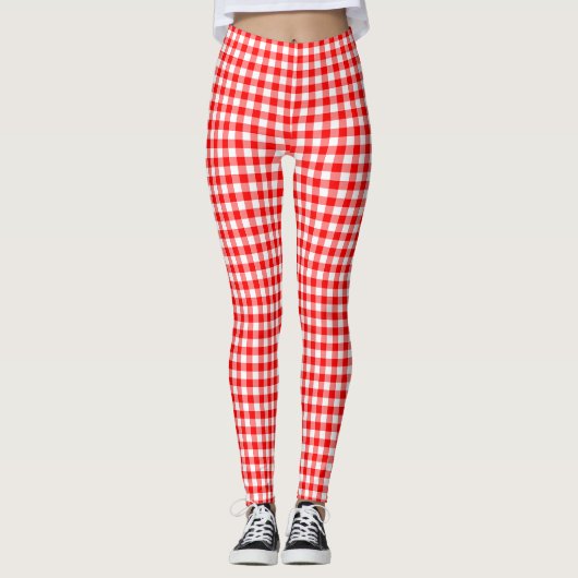 Rood en Wit Klein Grootte Gingham Controles Leggings (Voorkant)