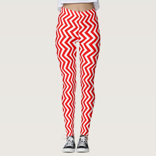 Rood en Wit Kleine Grootte Verticale Chevron Leggings (Voorkant)