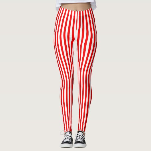 Rood en Wit Kleine Grootte Verticale Strepen Leggings (Voorkant)