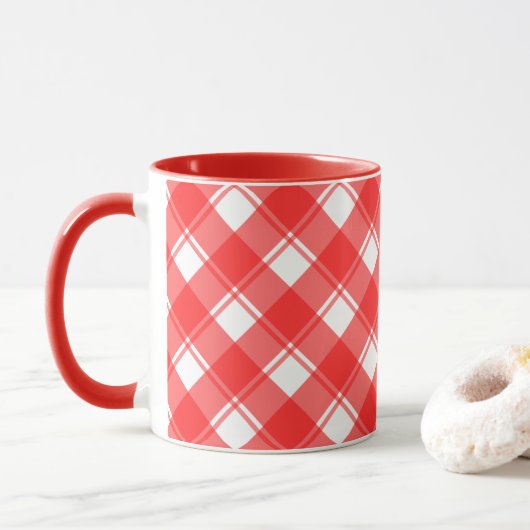 Rood en Wit Land Gestreepte Plaid Koffie Mok (Met donut)