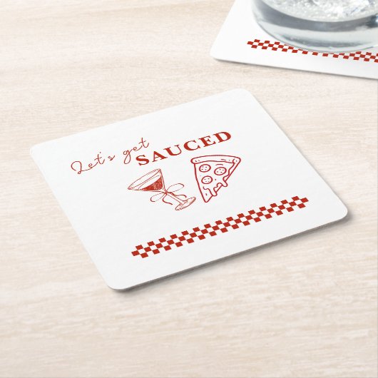Rood en wit Let's Get Sauced Bachelorette Kartonnen Onderzetters (Schuin)