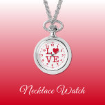 Rood en wit Liefde Ketting Watch<br><div class="desc">Ketting Horloge cadeau. Met het woord 'love' en een hartvorm die de letter O. Rood en wit vervangt</div>