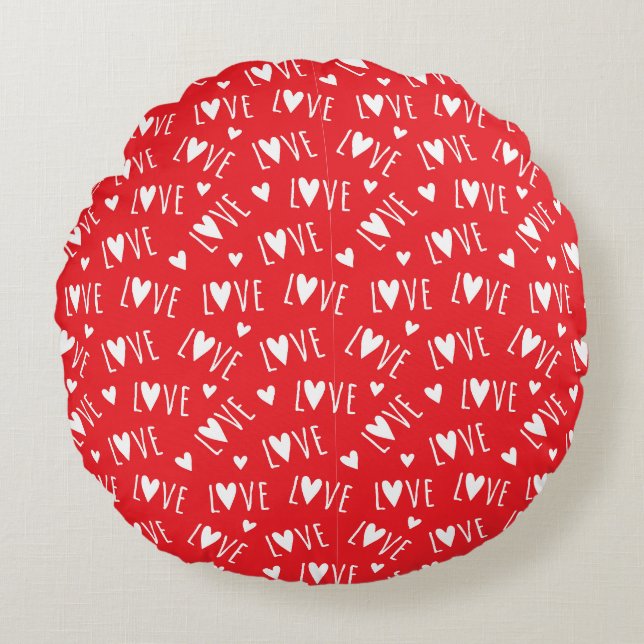 Rood en Wit LIEFDE Schrift Rond Kussen (Voorkant)