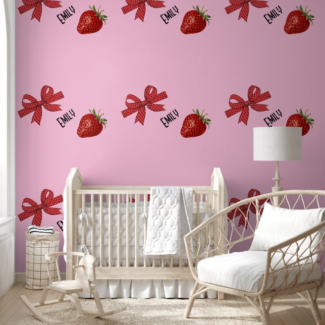 Rood en wit lint met aardbei behang (Kinderen)