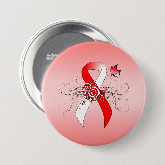 Rood en wit lint met vlinder ronde button 7,6 cm (Voorkant /achterkant)