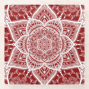 Rood en wit Mandala - Loergann in frambozen Glazen Onderzetter
