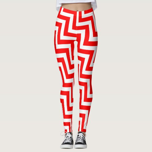 Rood en Wit Medium Size Diagonale Chevron Leggings (Voorkant)