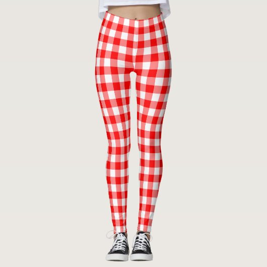 Rood en Wit Medium Size Gingham Checks Leggings (Voorkant)