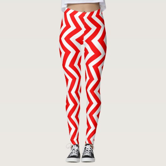 Rood en Wit Medium Size Verticale Chevron Leggings (Voorkant)