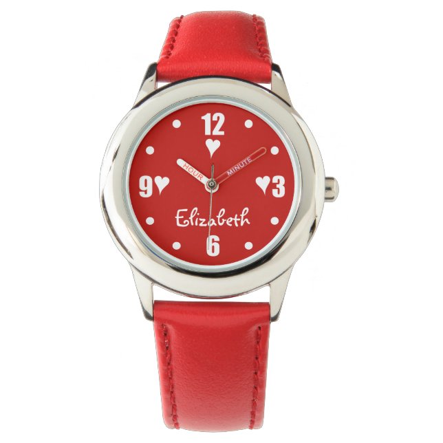 Rood en wit met harten en naam kinder horloge (Voorkant)