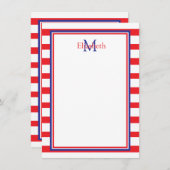Rood en wit met Navy Blue Stripes Monogram Notitiekaartje (Voorkant / Achterkant)