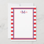 Rood en wit met Navy Blue Stripes Monogram Notitiekaartje (Voorkant)