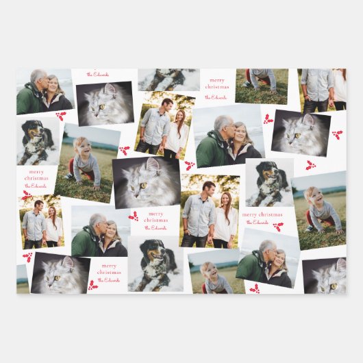 Rood en wit Modern Holly Sprig Inpakpapier Vel (Voorkant)