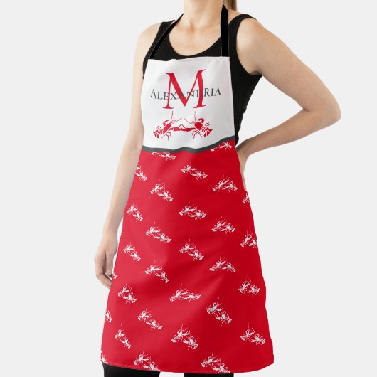 Rood en wit monogram Naam Lobster Patroon Schort (Insitu)