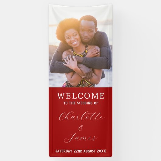 Rood en wit net getrouwd bruidspaar Foto Spandoek (Verticaal)