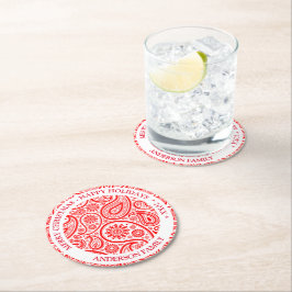 Rood en wit  paisleypatroon ronde kartonnen onderzetter