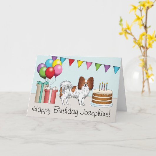 Rood en wit papillon Dog kleurrijke dag Kaart (Gele Bloem)