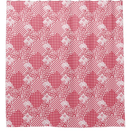 Rood en wit patchwork boeren- douchegordijn (Voorkant)