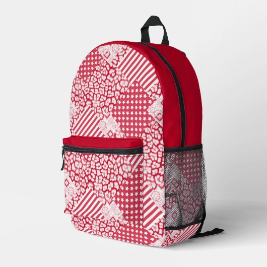 Rood en wit patchwork rustiek bedrukte rugzak (Achterkant Hoek Rechts)