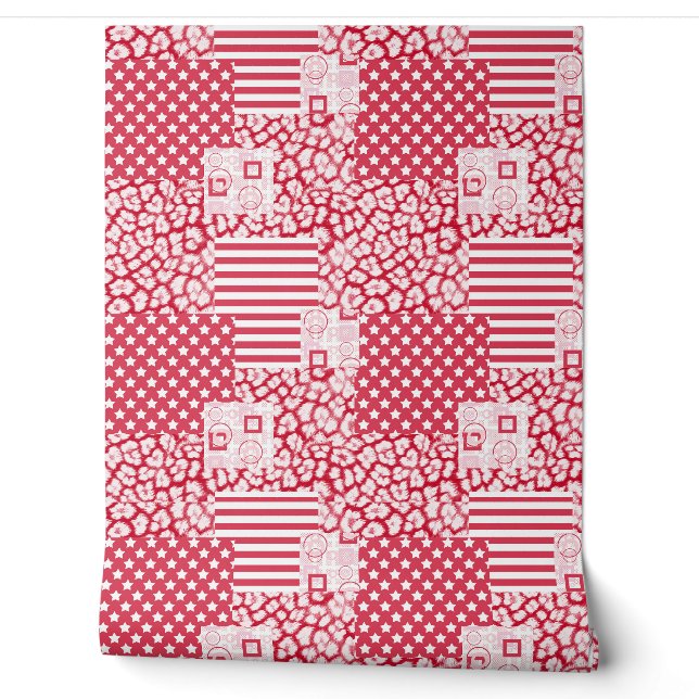 Rood en wit patchwork rustiek behang (Afrollen)