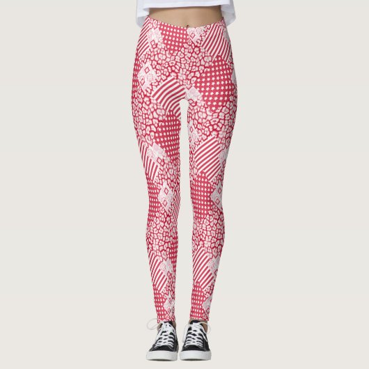 Rood en wit patchwork rustiek leggings (Voorkant)