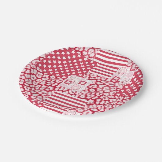 Rood en wit patchwork rustiek papieren bordje (Gekanteld)