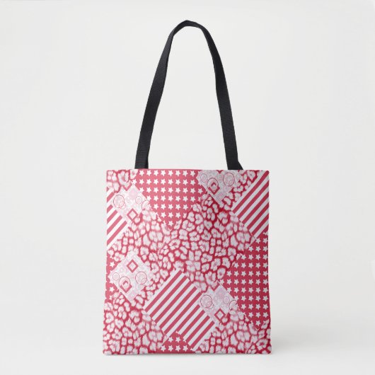 Rood en wit patchwork rustiek tote bag (Voorkant)