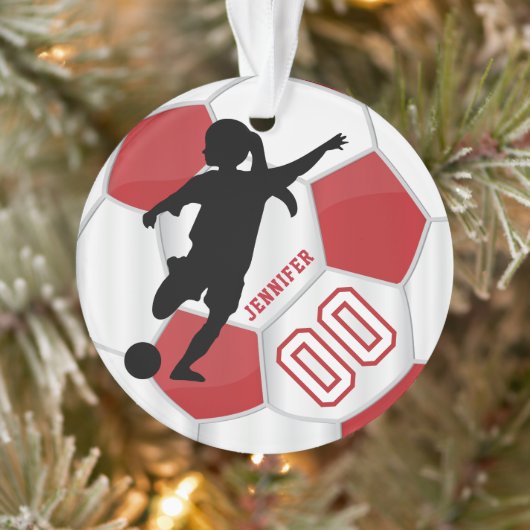 Rood en wit personaliseren Meisje Voetbalspeler Ornament (Boom)