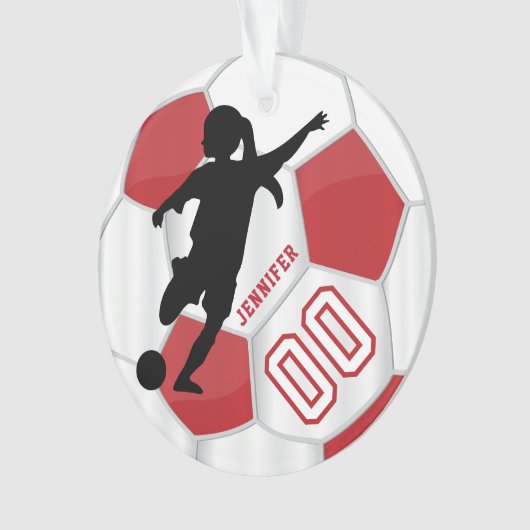 Rood en wit personaliseren Meisje Voetbalspeler Ornament (voorkant)