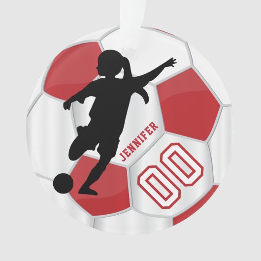 Rood en wit personaliseren Meisje Voetbalspeler Ornament (voorkant)