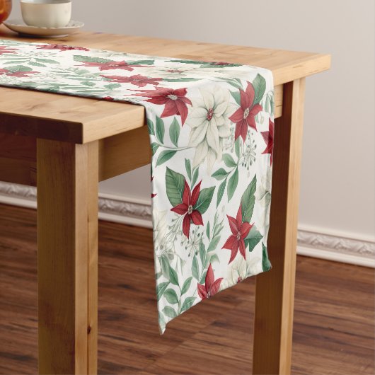 Rood en wit Poinsettia Kersttafel Runner Korte Tafelloper (Voorbeeld)